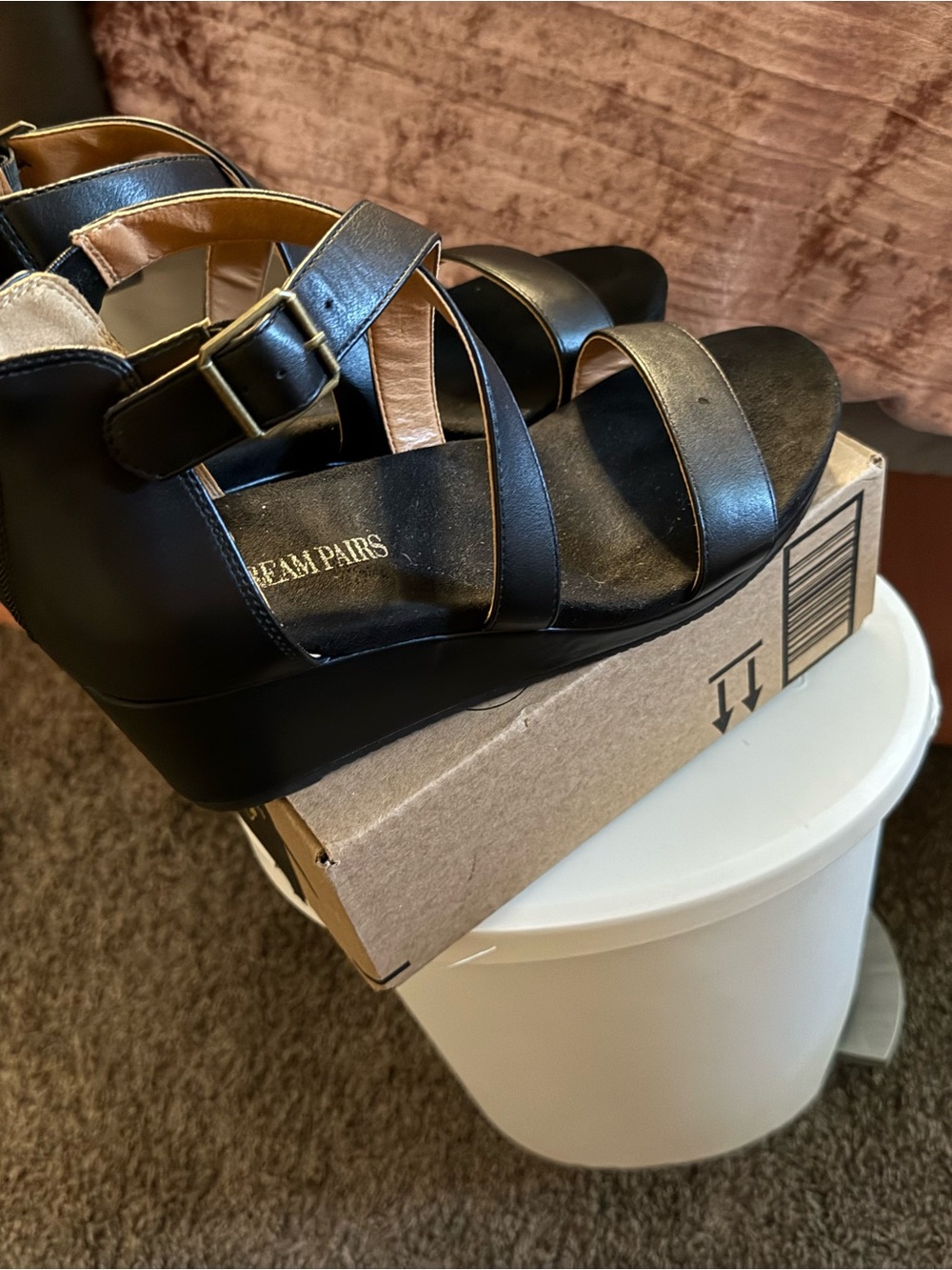 SHEIN Black Strappy Wedge Sandals with Ankle Buckle